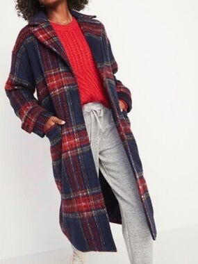 Old Navy Red & Navy Plaid Long Pea Coat